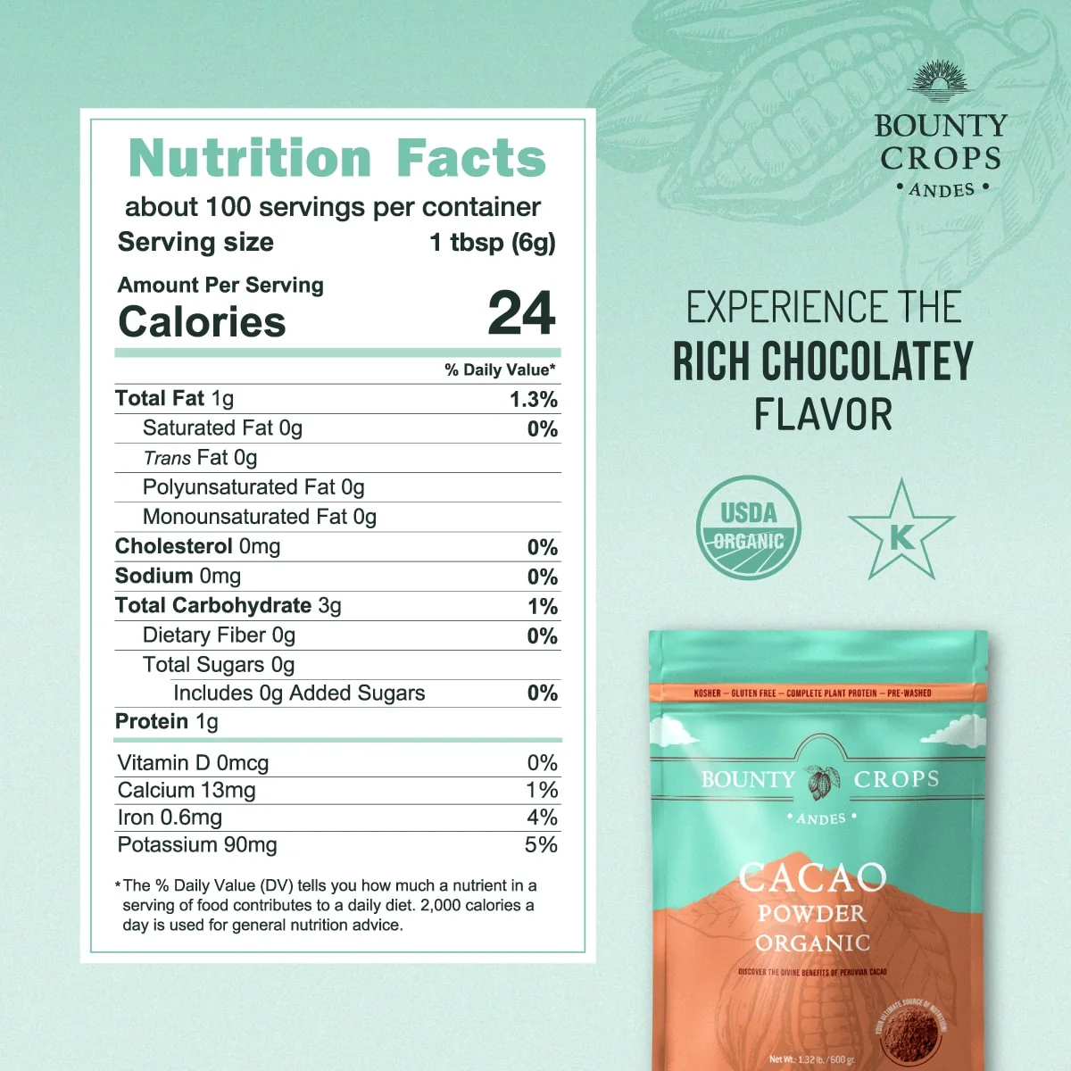 Cacao Powder Organic, 1.32 lb / 600 gr. ($14.77 lb / $0.92 ounce) - Image 3