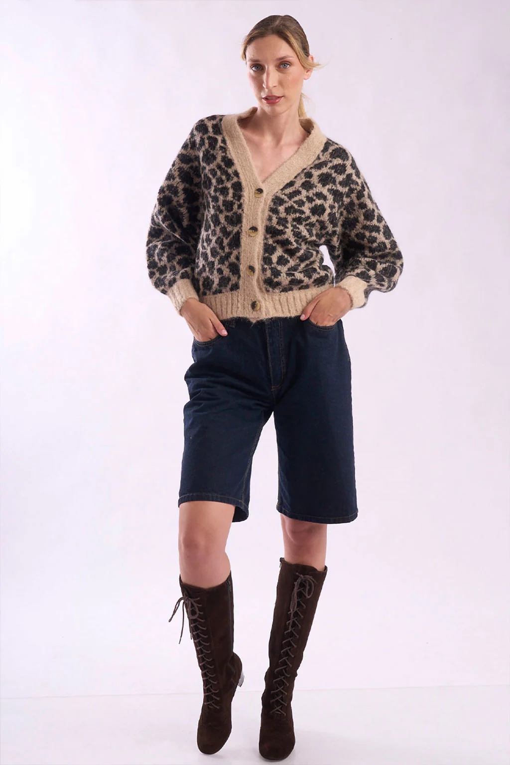 Leopard Print Short Alpaca Cardigan - Image 5