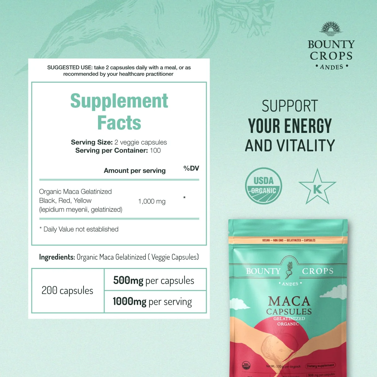 Organic Maca Root Capsules, Gelatinized, 200 units - 500mg. per capsule ($0.11 x capsule) - Image 3