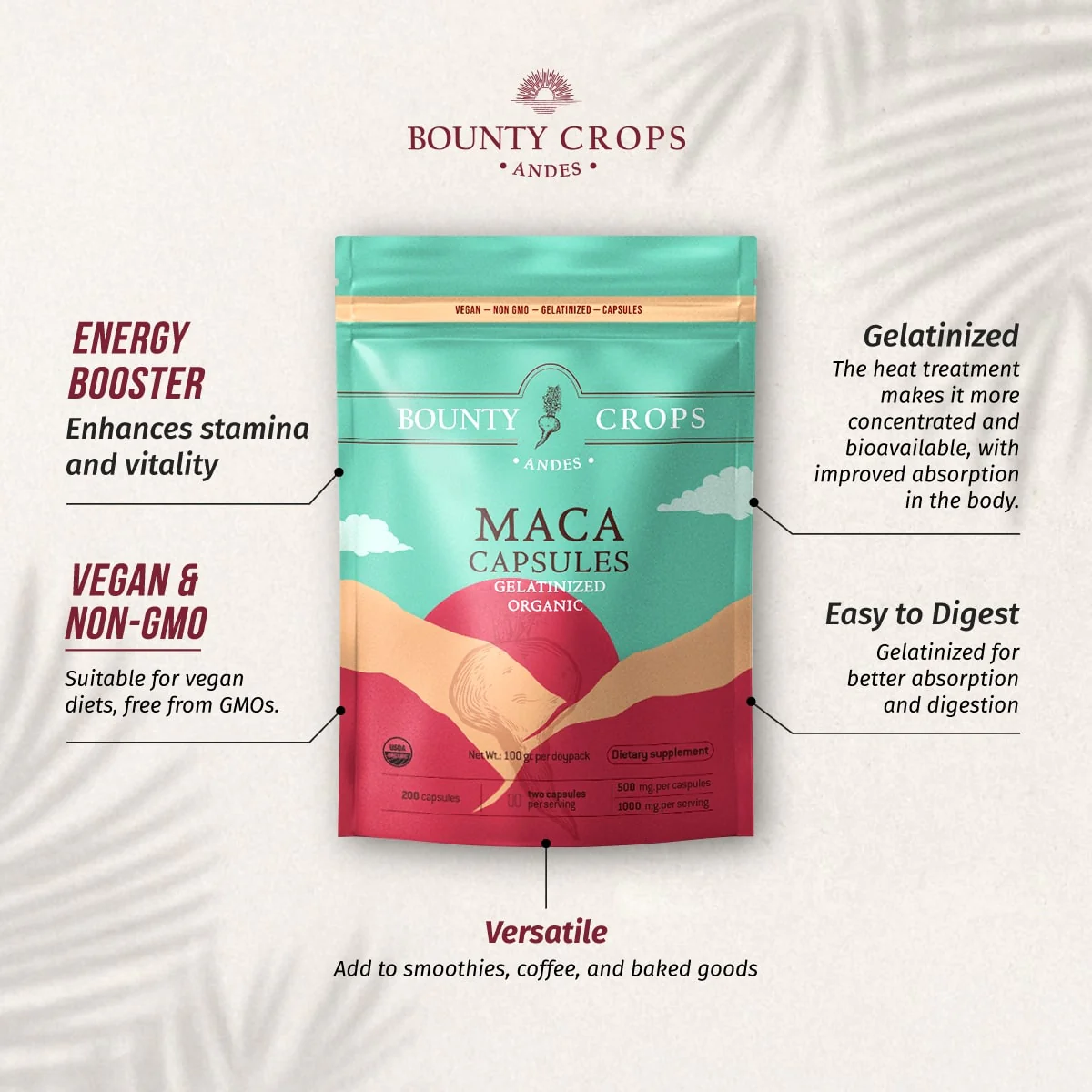 Organic Maca Root Capsules, Gelatinized, 200 units - 500mg. per capsule ($0.11 x capsule) - Image 4
