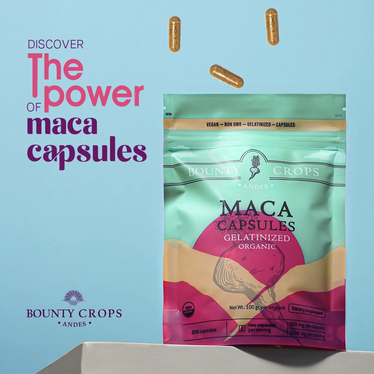 Organic Maca Root Capsules, Gelatinized, 200 units - 500mg. per capsule ($0.11 x capsule) - Image 5