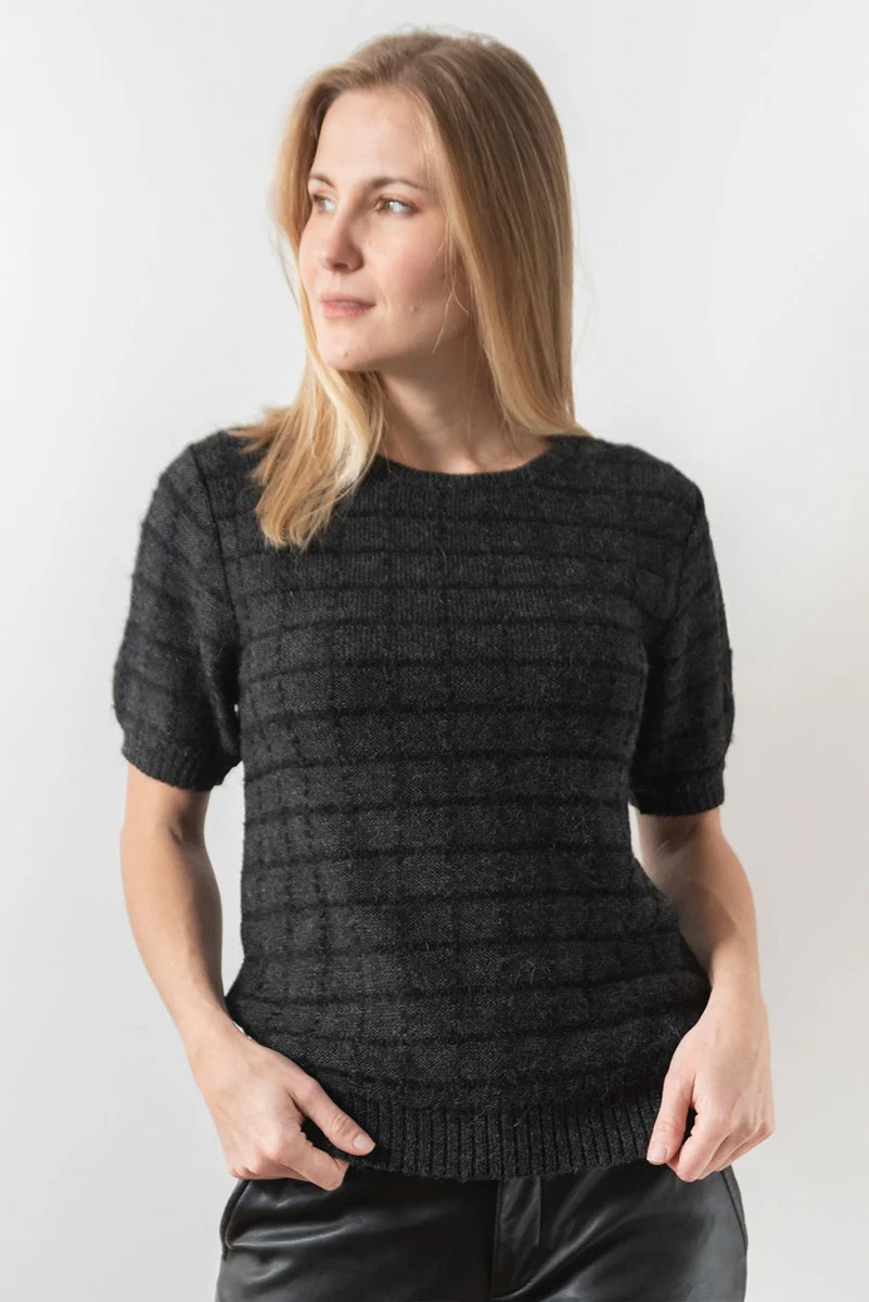 Plaid Short Sleeve Baby Alpaca Sweater - Image 2