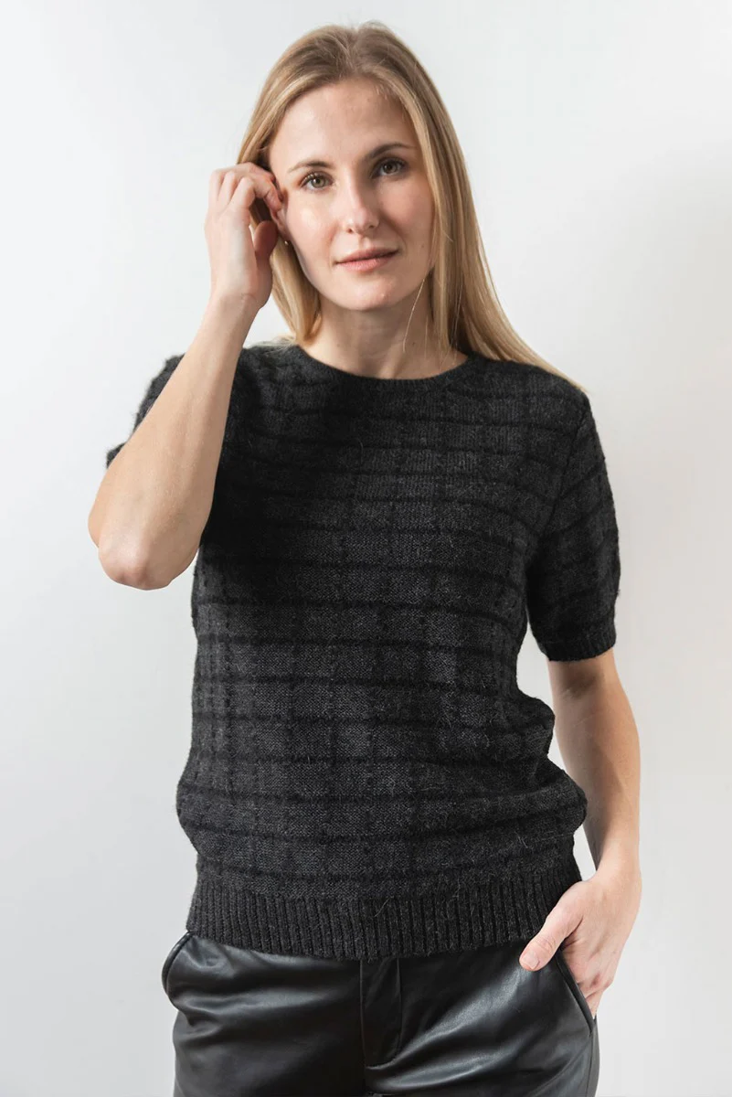 Plaid Short Sleeve Baby Alpaca Sweater - Image 3
