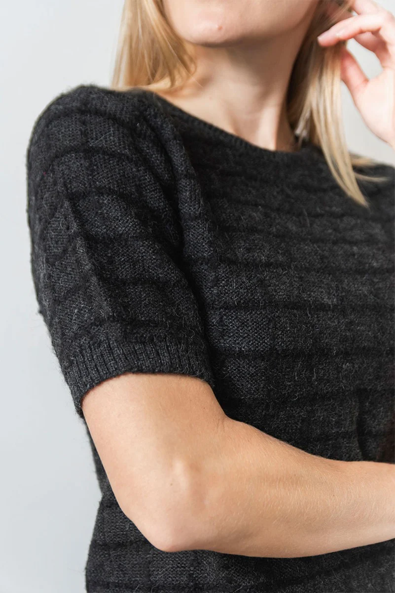 Plaid Short Sleeve Baby Alpaca Sweater - Image 4