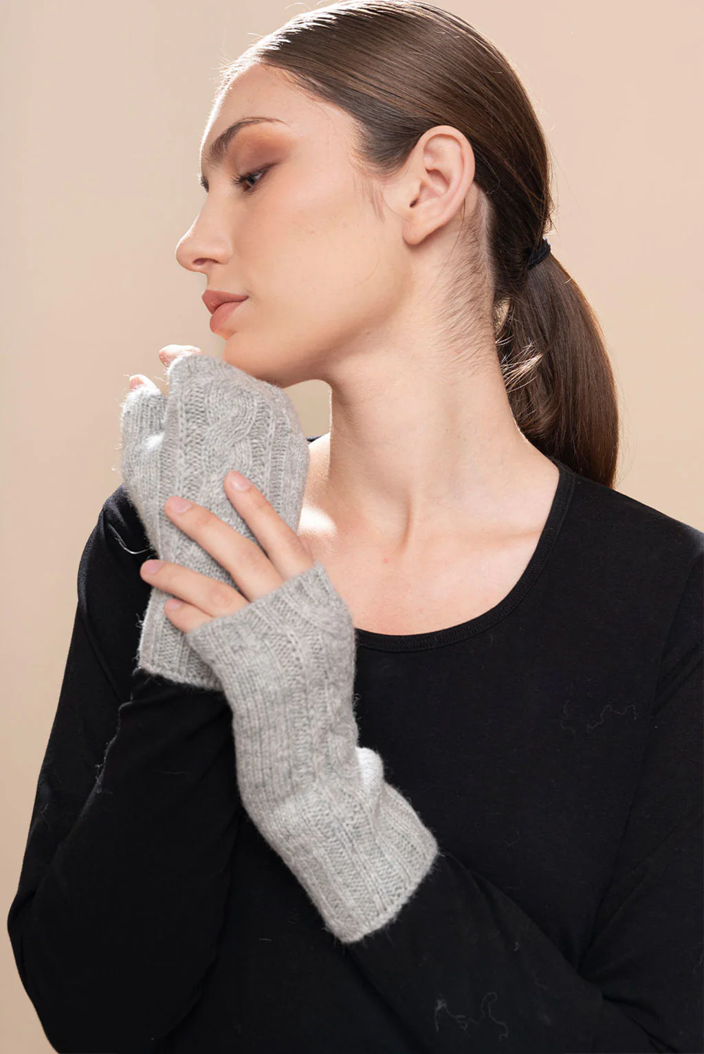 Cable Knit Fingerless Alpaca Gloves - Image 2