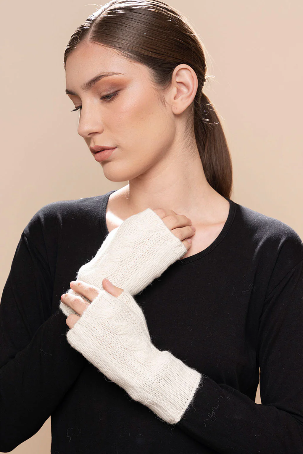 Cable Knit Fingerless Alpaca Gloves - Image 5